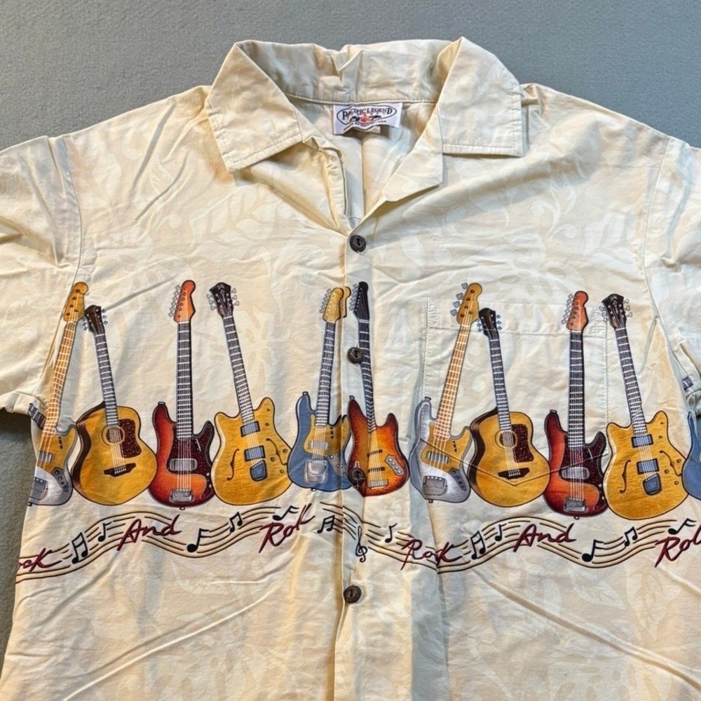 Pacific Legend Rock And Roll Guitar Shirt Mens M Cream Hawaiian Made In USA